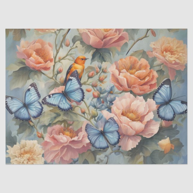 Papier Mousseline Papillons bleus et oiseaux dans un jardin fleuri (Recto)