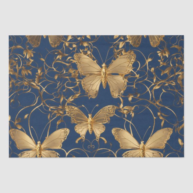 Papier Mousseline Papillons bleus métalliques avec Vins d'or (Recto)