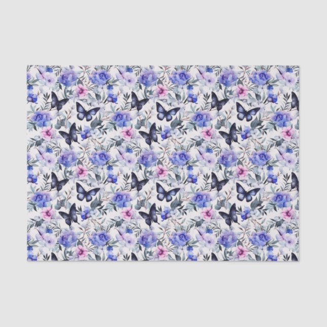 Papier Mousseline Papillons Et Fleurs Bleus (Recto)