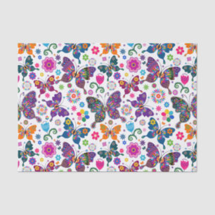 Papier Mousseline Papillons et fleurs colorés rétro Motif 2