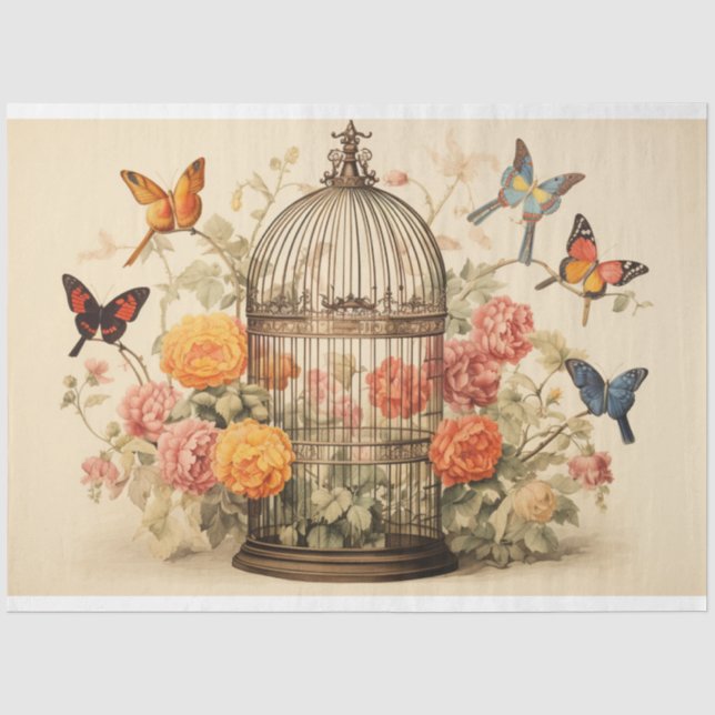 Papier Mousseline Papillons et fleurs : Découpage de cage d'oiseaux (Recto)