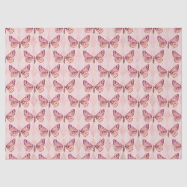 Papier Mousseline Papillons roses sur À damiers Découpage (Recto)