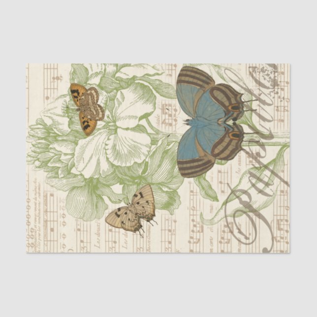 Papier Mousseline Papillons sur Partition avec Design Floral (Recto)