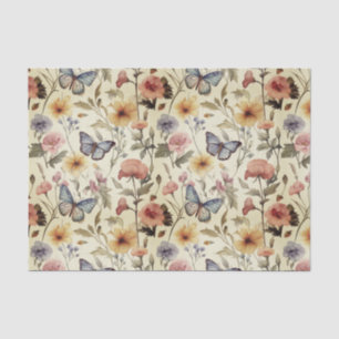 Papier Mousseline Papillons vintages et Fleurs Motif de découpage