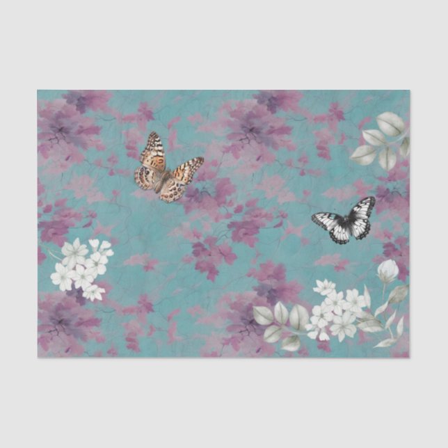 Papier Mousseline Papillons, violet et blanc sur la Découpage Bleue (Recto)