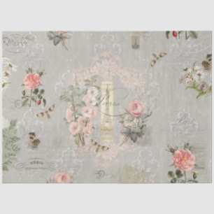 Papier Mousseline Paris vintage Fleurs Gris Rose Vierge Découpage