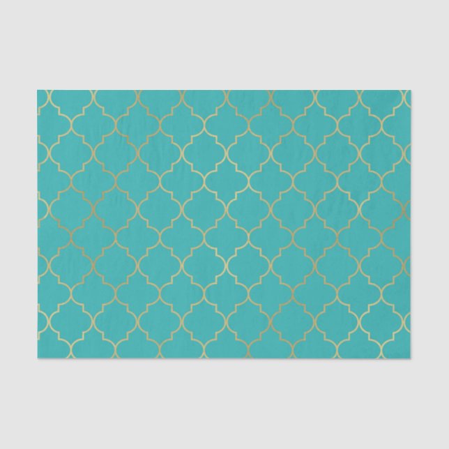 Papier Mousseline Parti Motif Quatrefoil turquoise & Gold (Recto)