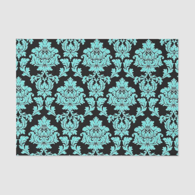 Papier Mousseline Parties scintillant d'eau turquoise noir damassé (Recto)