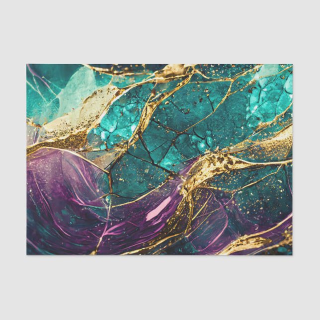 Papier Mousseline Parties scintillant or Turquoise et violet verre A (Recto)