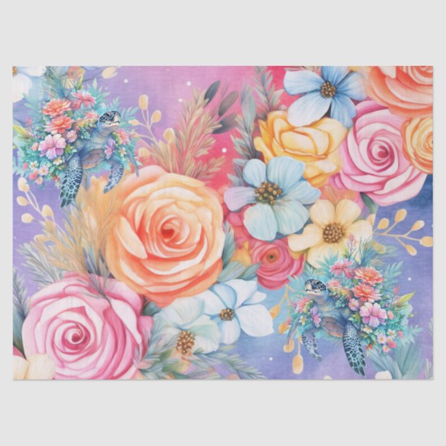 Papier Mousseline Pastel Aquarelle Florale Tortue de mer (Recto)