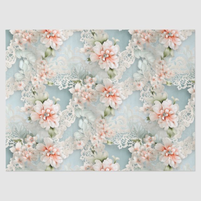 Papier Mousseline Pastel Blue & Rose Victorian Flores & Dentelles (Recto)