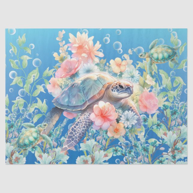 Papier Mousseline Pastel Floral Aquarelle Tortues de mer Découpage (Recto)