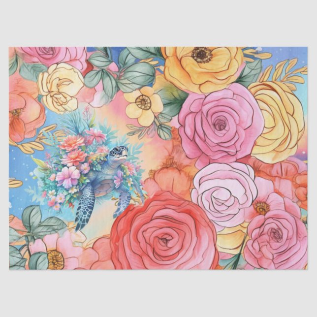 Papier Mousseline Pastel Rainbow Floral Sea Turtle (Recto)
