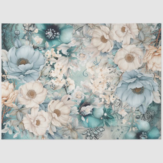 Papier Mousseline Pastel Turquoise et bleu Aquarelle Flores Papier T (Recto)