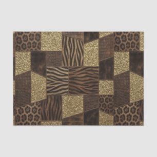 Papier Mousseline Patchwork Imprimé Animalier Africain   Marron & Or