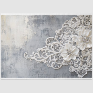Papier Mousseline Patine argentée brodée de dentelle florale blanc c