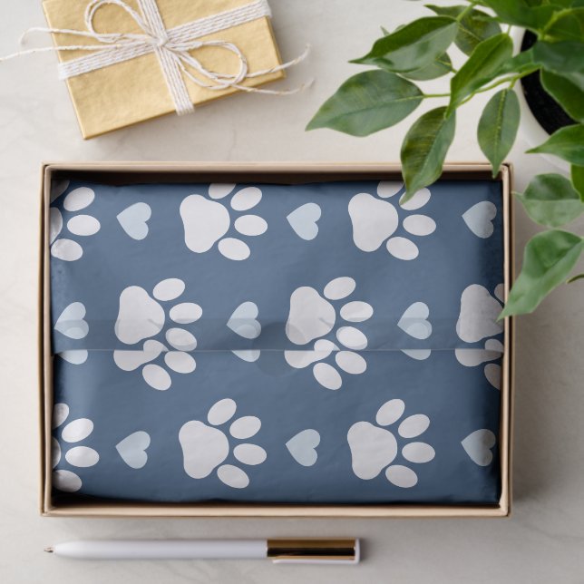 Papier Mousseline Pattern of paws, Dog paws, White paws, Blue Hearts (Cadeau)