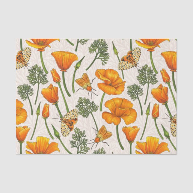 Papier Mousseline Pavot de Californie et papillons de nuit sur blanc (Recto)