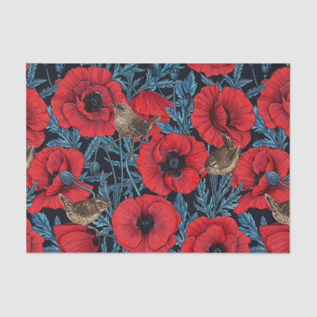 Papier Mousseline Pavot rouge et brunes, feuilles bleus sur noir (Recto)