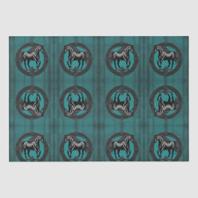 Papier Mousseline Pays de l'Ouest équestre Turquoise Cheval noir (Recto)