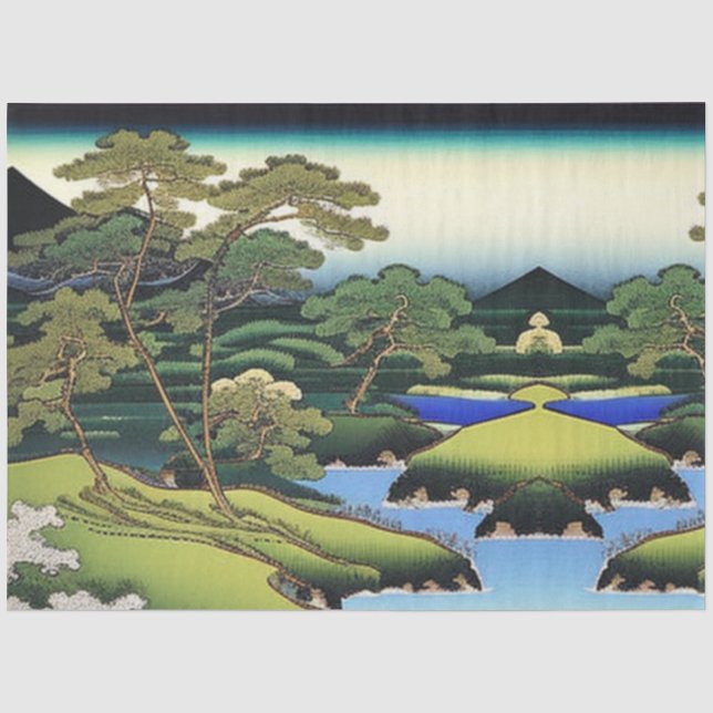 Papier Mousseline Paysage Asiatique Plan d'eau avec arbres Découpage (Recto)