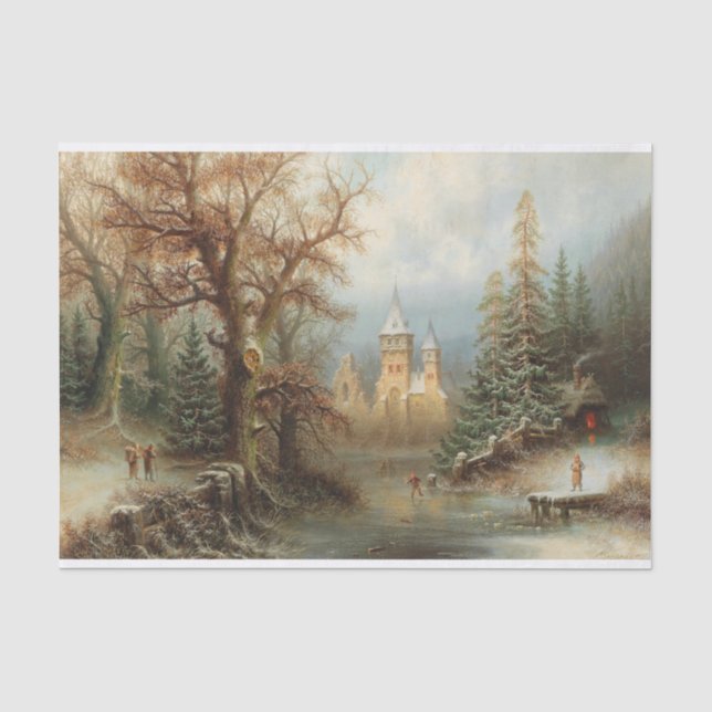 Papier Mousseline Paysage d'hiver romantique avec patineurs de glace (Recto)