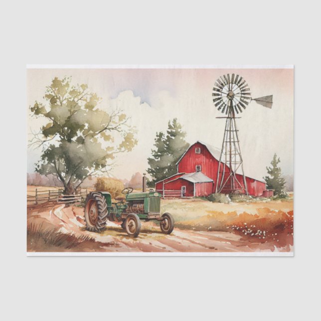 Papier Mousseline Paysage du tracteur de ferme Red Barn (Recto)
