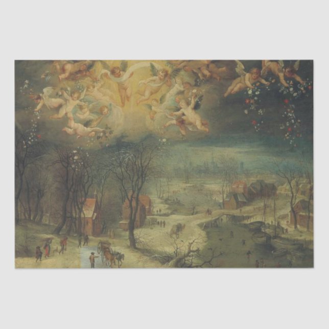 Papier Mousseline Paysage hivernal Avec Les Villageois Rassembler Le (Recto)