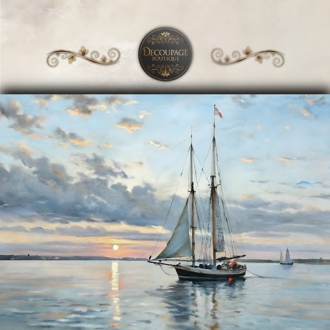 Papier Mousseline Paysage marin au voilier au coucher du soleil en d (Sunset Sailboat Seascape Decoupage Tissue Paper)