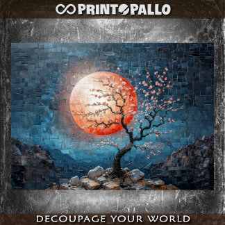 Papier Mousseline Paysage mosaïque avec soleil rouge et cerisier