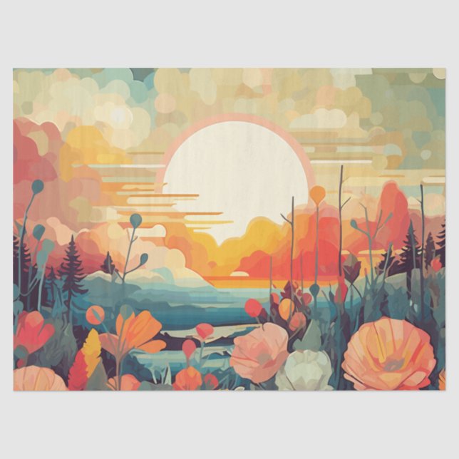 Papier Mousseline Paysage rouge et blanc pavot soleil (Recto)