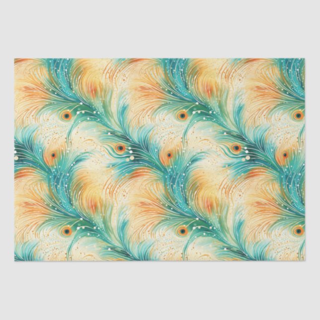 Papier Mousseline Peach Turquoise Tropical Orange Peacock Feathers (Recto)