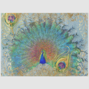 Papier Mousseline Peacock Blue Turquoise Gold Rococo Plumes de défil