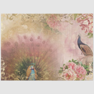 Papier Mousseline Peacock Blush rose Peony Floral Gold Decoupage