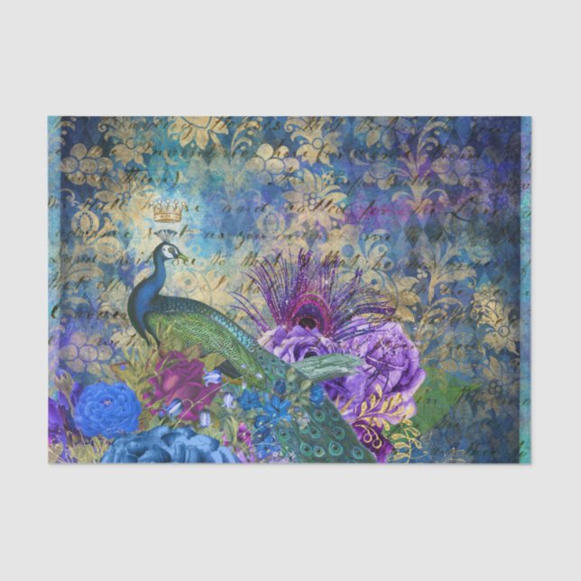 Papier Mousseline Peacock Peacocks Découpage Fleurs bleues et violet (Recto)