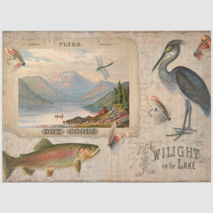 Papier Mousseline Pêche à la mouche Vintage Lac Truite Poisson Décou