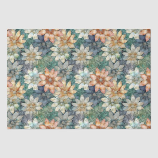 Papier Mousseline Pêche blanc bleu vert Floral (Recto)