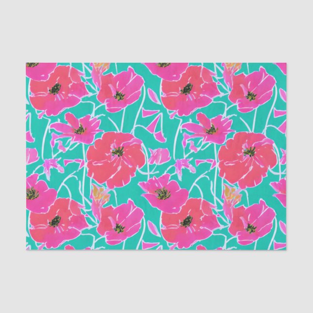 Papier Mousseline Peinture Anémonique Motif rose & Aqua Floral (Recto)