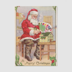 Papier Mousseline Peinture vintage du Père Noël peignant une maison 