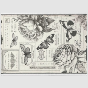 Papier Mousseline Peoné noir et blanc vintage et papillon