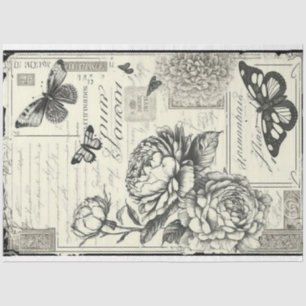 Papier Mousseline Peoné noir et blanc vintage et papillon