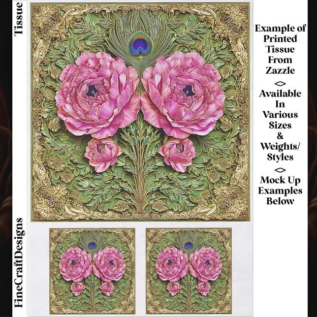 Papier Mousseline Peonines roses et carreaux de plumes EH6 Découpage (Créateur téléchargé)