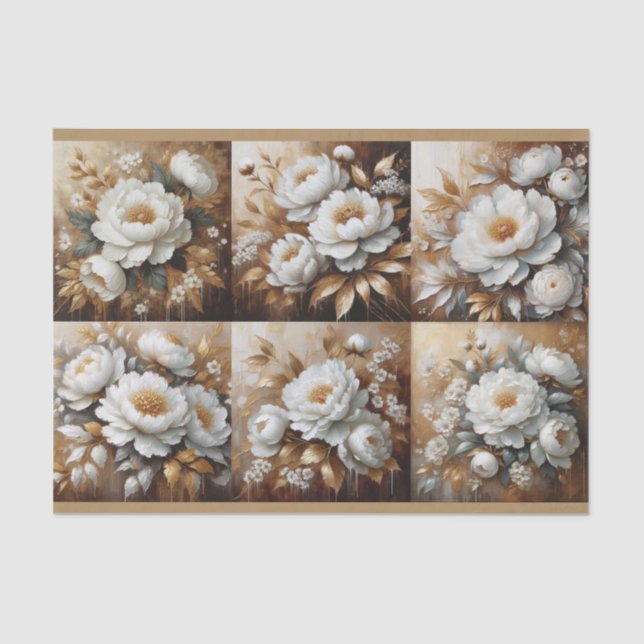 Papier Mousseline Peony White et Gold Painting Painting Decoupage (Recto)