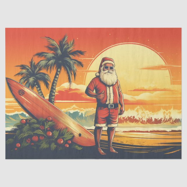 Papier Mousseline Père Noël et Surfboard Retro Surfing Beach Noël (Recto)