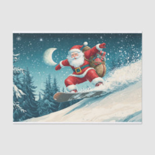 Papier Mousseline Père Noël livre des cadeaux de Noël sur snowboard