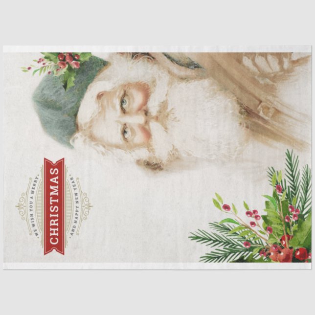 Papier Mousseline Père Noël vintage et Découpage de verdure de Noël (Recto)