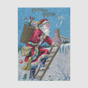 Papier Mousseline Père Noël vintage montant une échelle avec des jou