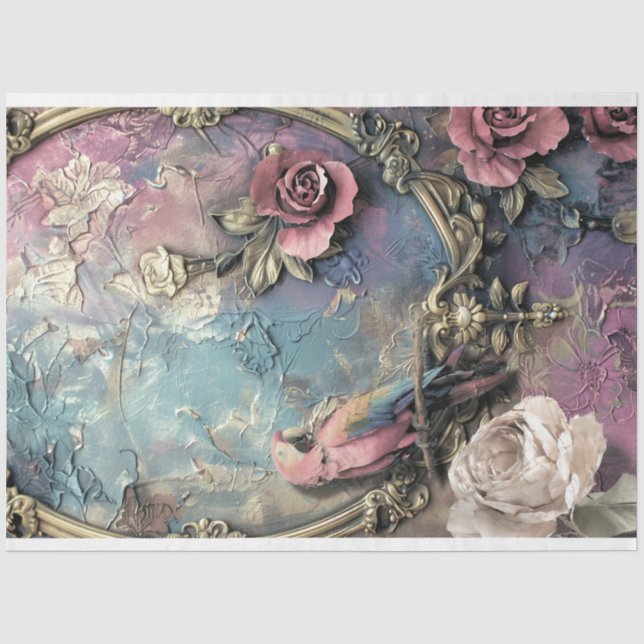 Papier Mousseline Perroquet, Chic Shabby, Oiseau Ornemental & Art Fl (Recto)
