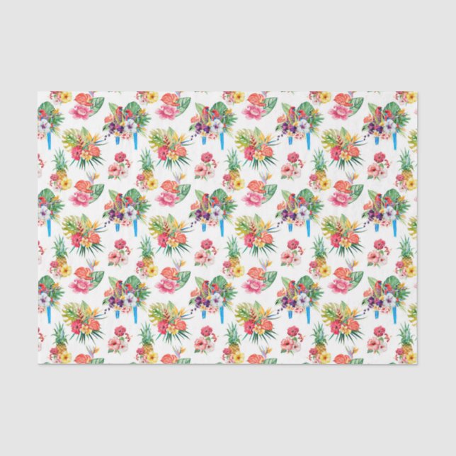 Papier Mousseline Perroquets et fleurs roses (Design 61 série rose) (Recto)