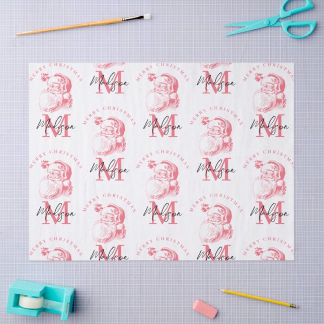 Papier Mousseline Personalized Merry Christmas Pink Santa Monogram (Artisanat)